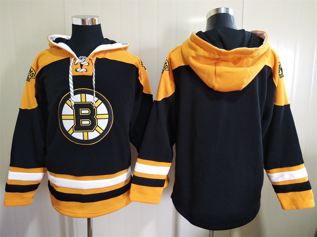 Men's Boston Bruins Blank Custom Any Name/Number Black Gold Lace-Up Pullover Hoodie Jersey