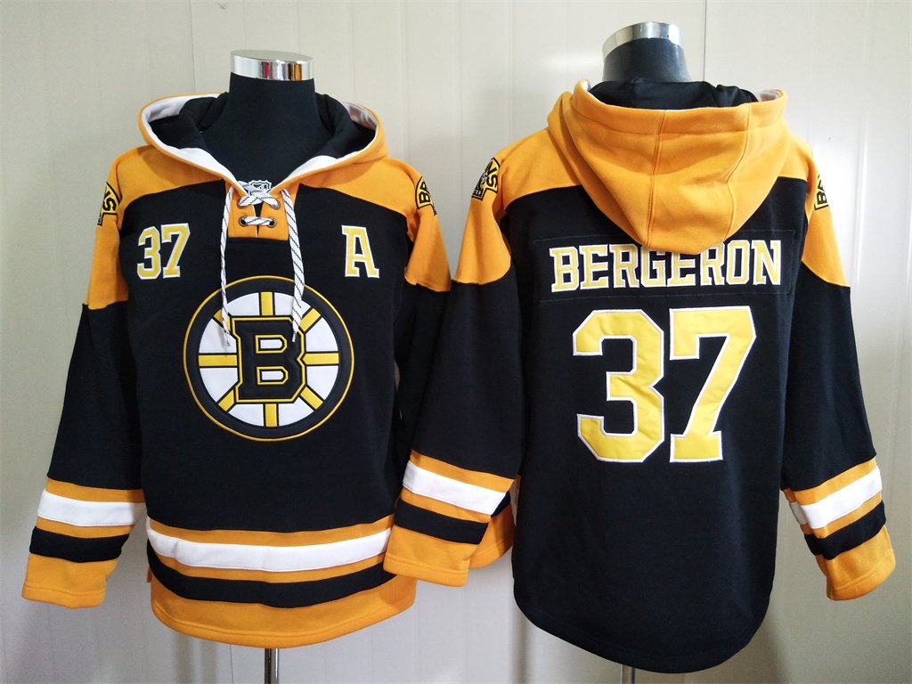 Men's Boston Bruins #37 Patrice Bergeron Black Gold Lace-Up Pullover Hoodie Jersey